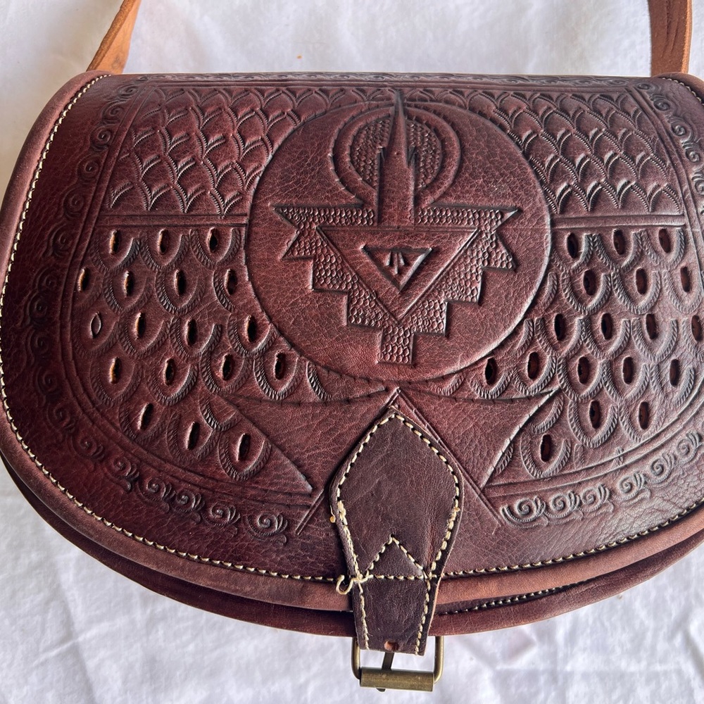 Handcrafted Brown Leather Saddle Bag - Embossed Design
